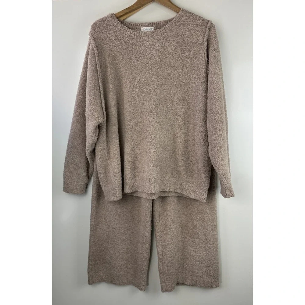Softies Cozy Teddy Reverse Seam Crew Neck LS Top Pants Lounge Set Brown Size XL - Picture 16 of 16